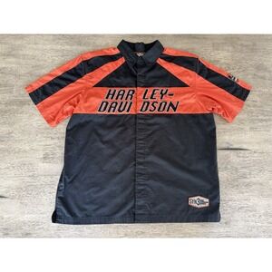 Harley Davidson Racing Mechanic Spellout Striped Button Up Shirt XLarge